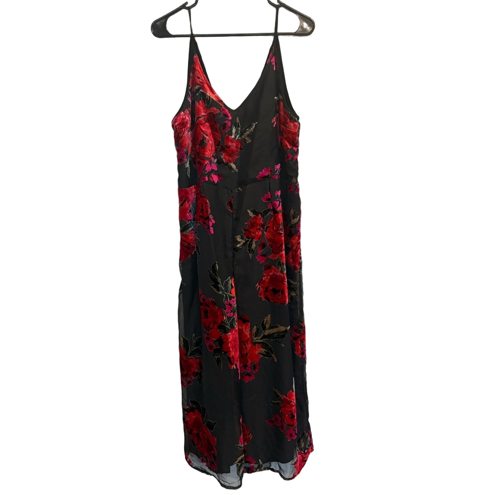 Ettitwa by Anthropologie Velvet Burnout Floral Maxi Jumpsuit Black Red LP